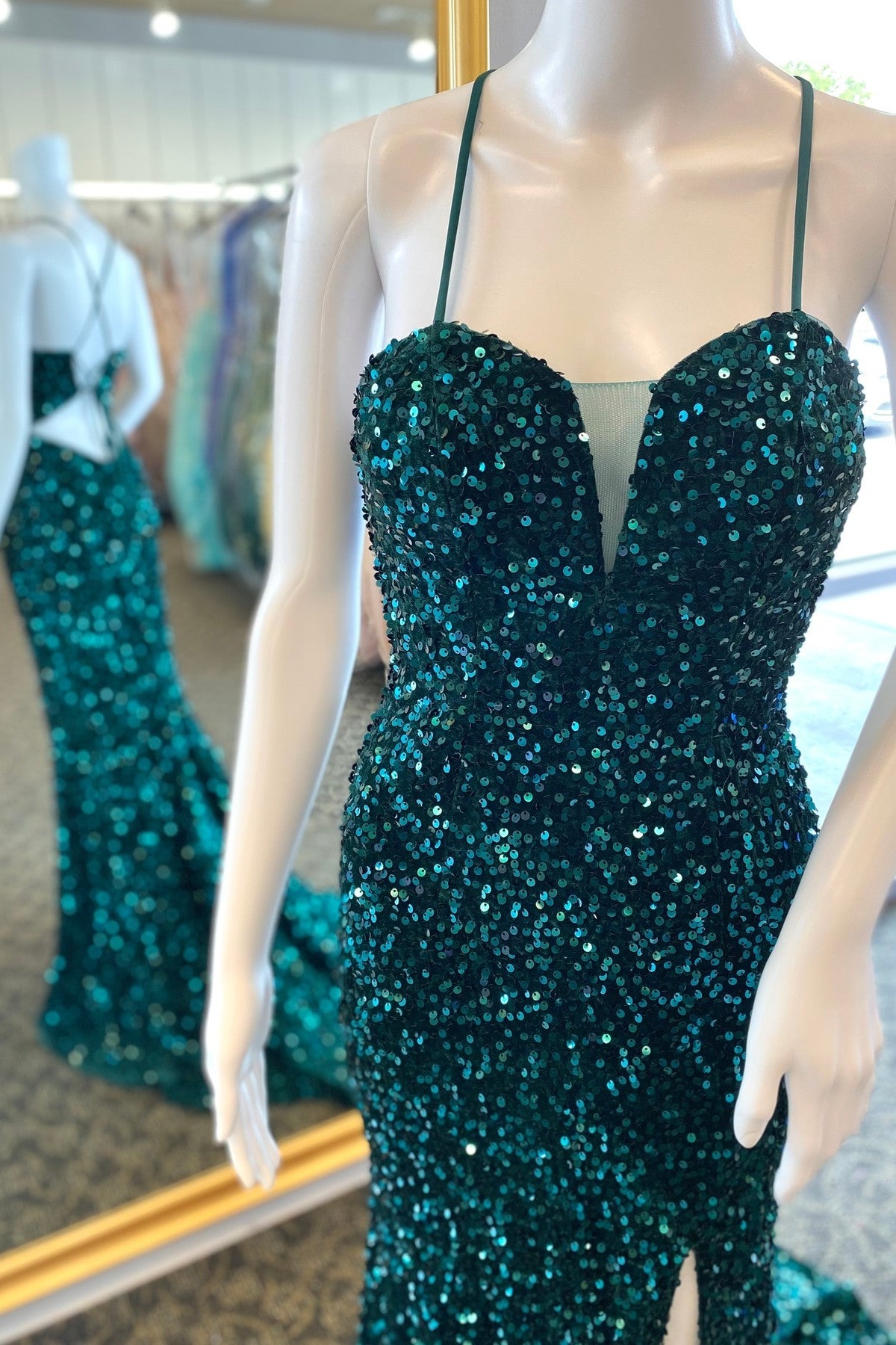 13879 Emerald Green Sequins Mermaid Dress
