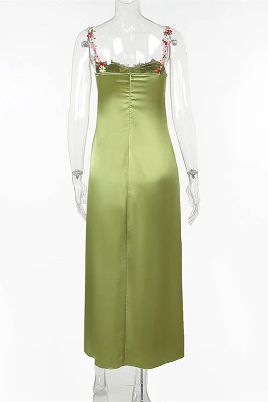 Straps Green Floral Appliques Satin Maxi Dress – PollyBoutique