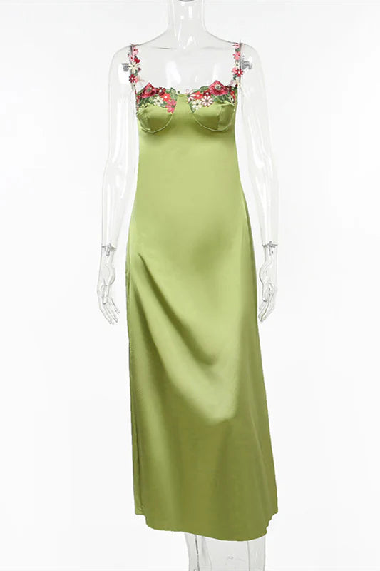Straps Green Floral Appliques Satin Maxi Dress – PollyBoutique