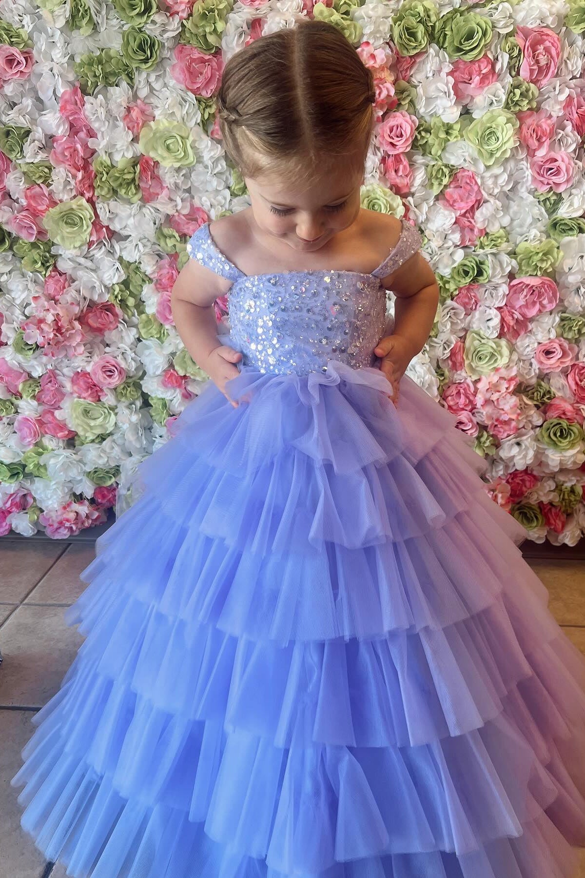 Straps Lavender Sequin Tiered Girl Pageant Dress