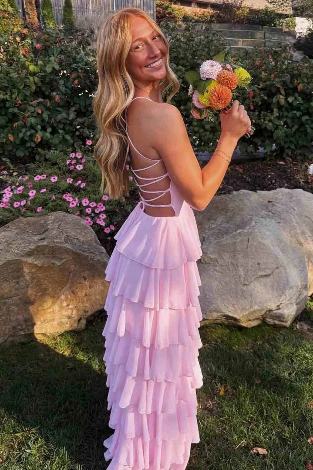 Straps Pink Ruffle Tiered Long Dress with Slit