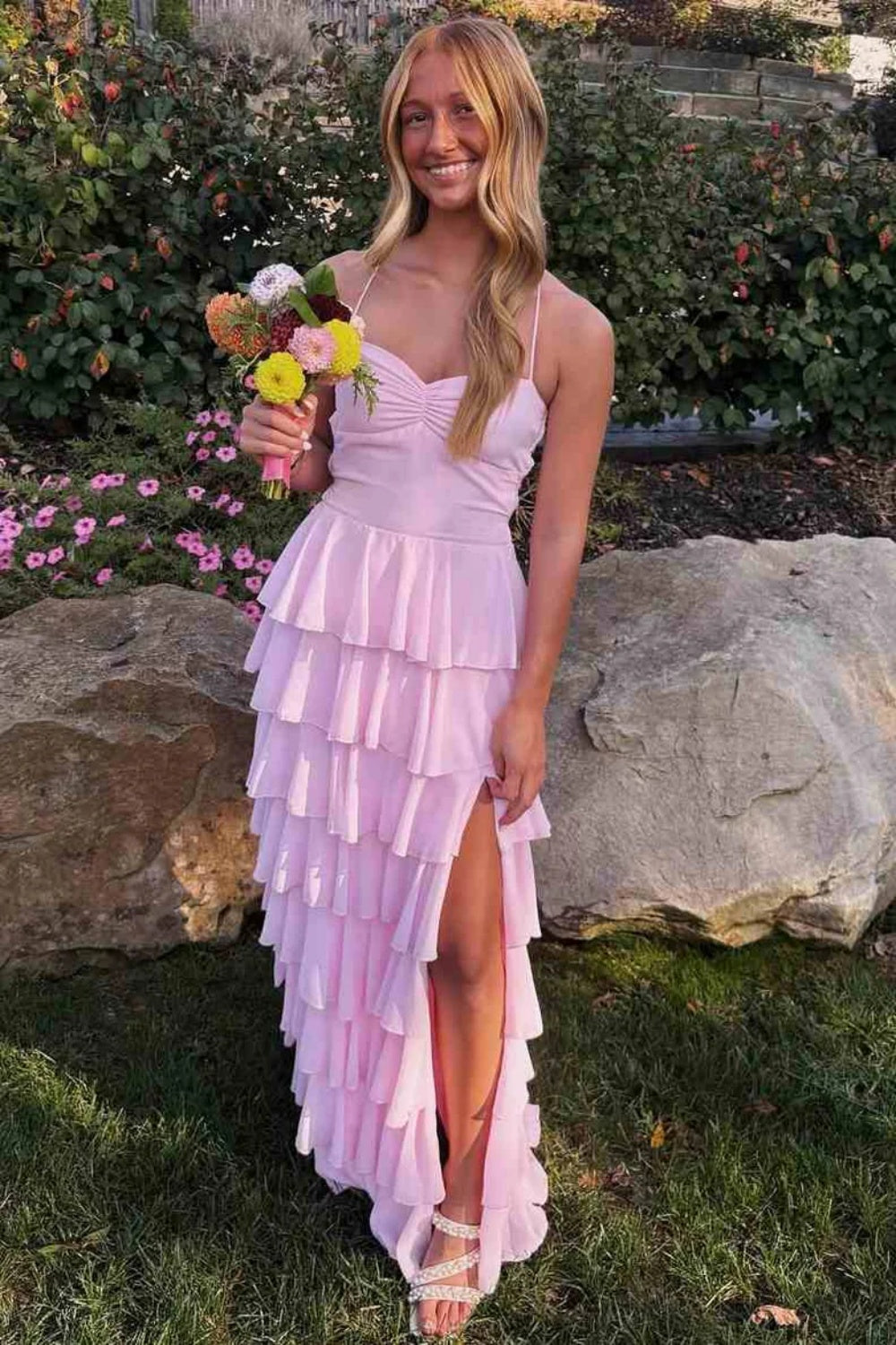 Straps Pink Ruffle Tiered Long Dress with Slit