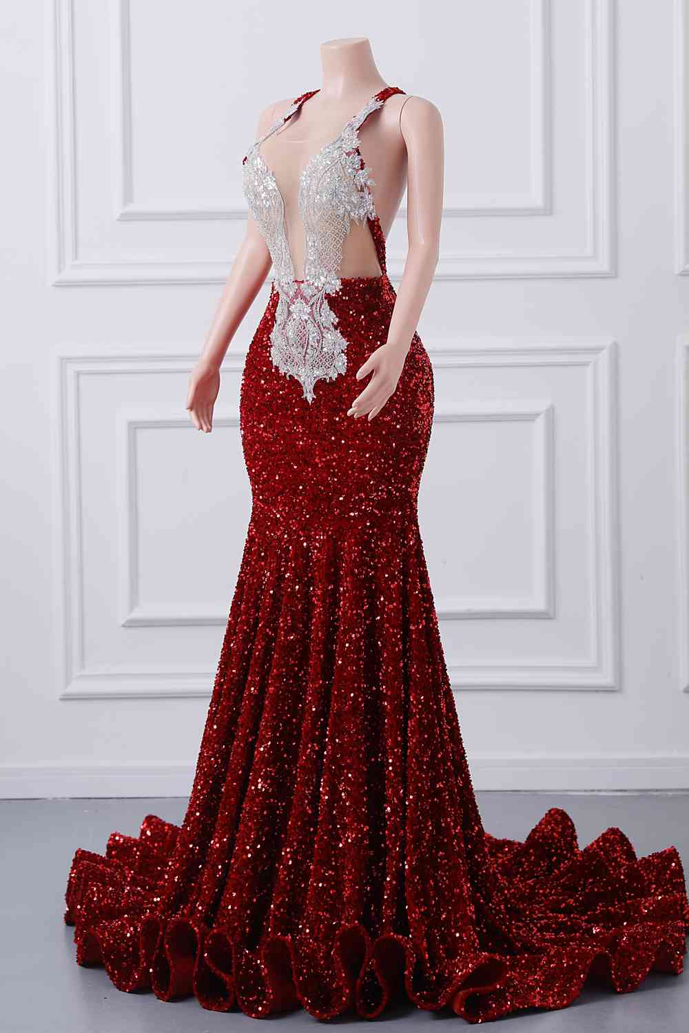 Straps Red Beading Sequin Mermaid Long Dress – PollyBoutique