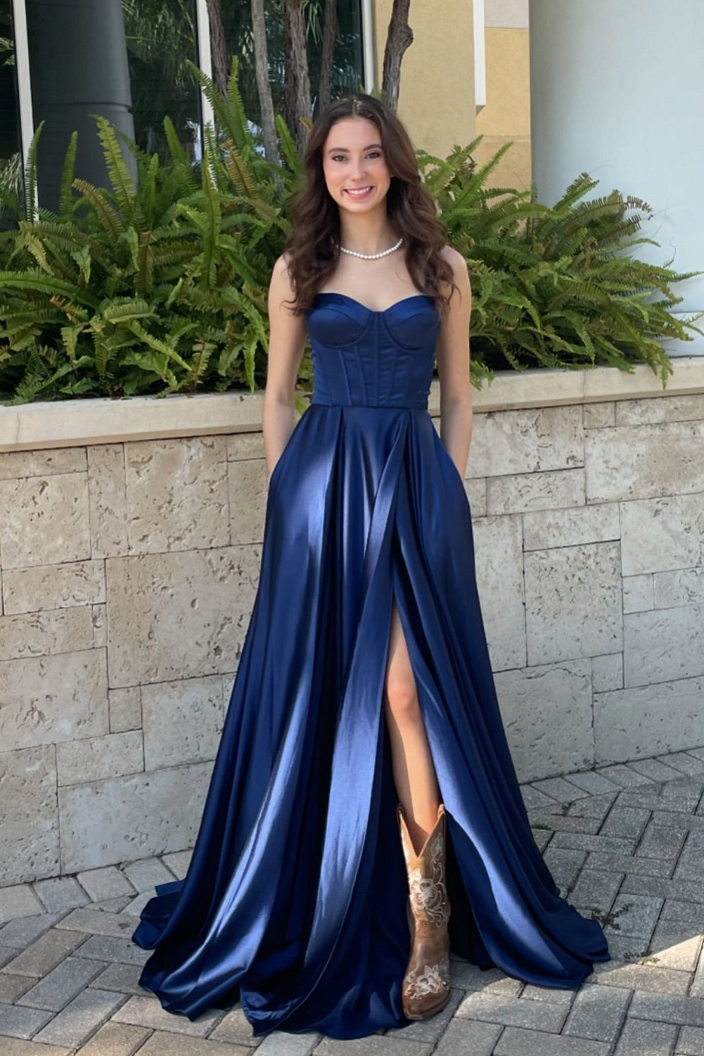 Straps Navy Blue Satin A-line Long Dress with Slit PollyBoutique Straps Navy Blue Satin A-line Long Dress with Slit PollyBoutique