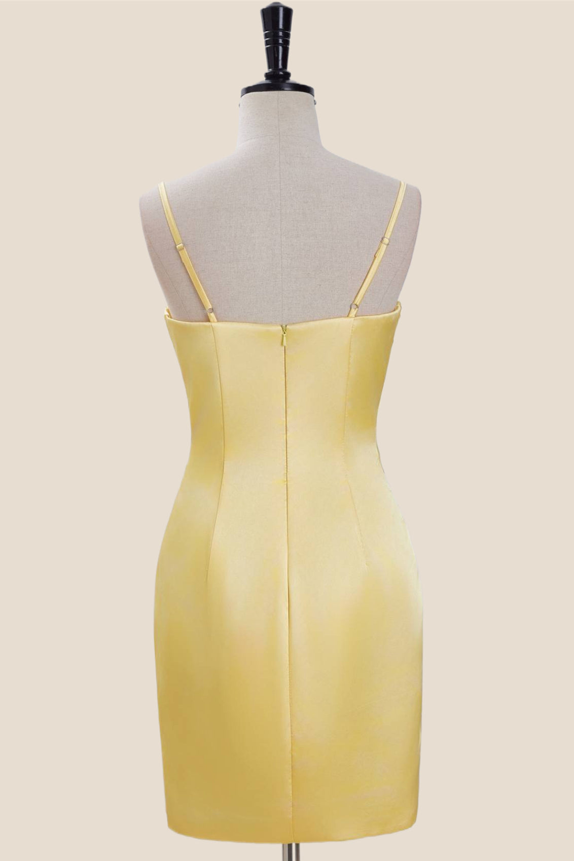 Straps Yellow Ruched Satin Bodycon Short Dress  PollyBoutique