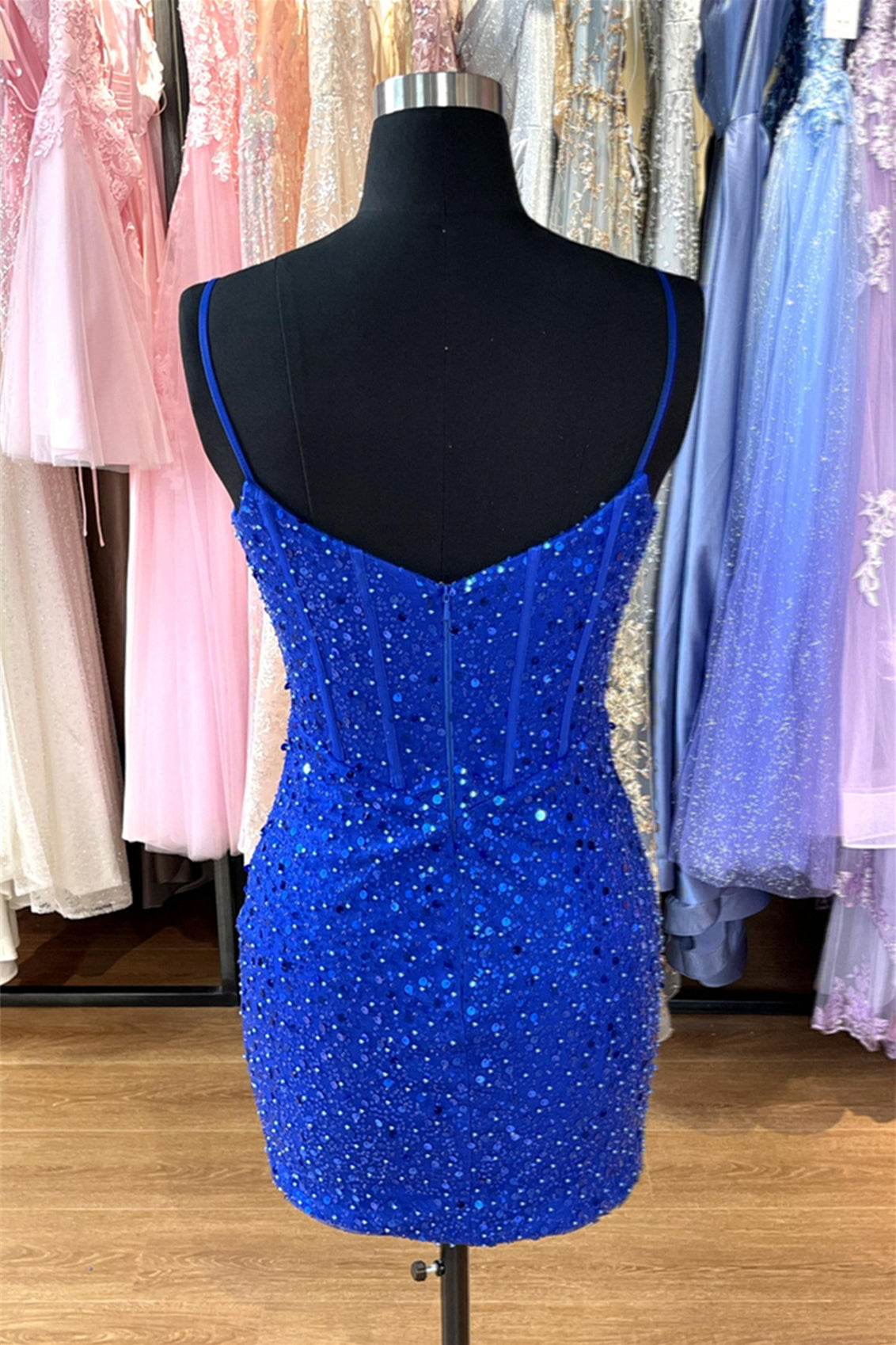 Straps Royal Blue Sequin Tight Short Dress PollyBoutique Straps Royal Blue Sequin Tight Short Dress PollyBoutique
