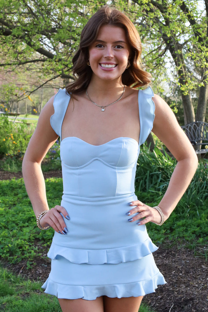 Sweetheart Ice Blue Ruffle Hem Tiered Short Dress