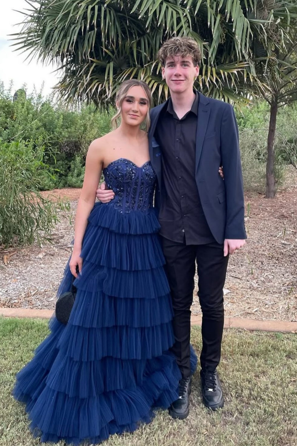 Sweetheart Navy Blue Beaded Ruffle Tiered Long Dress