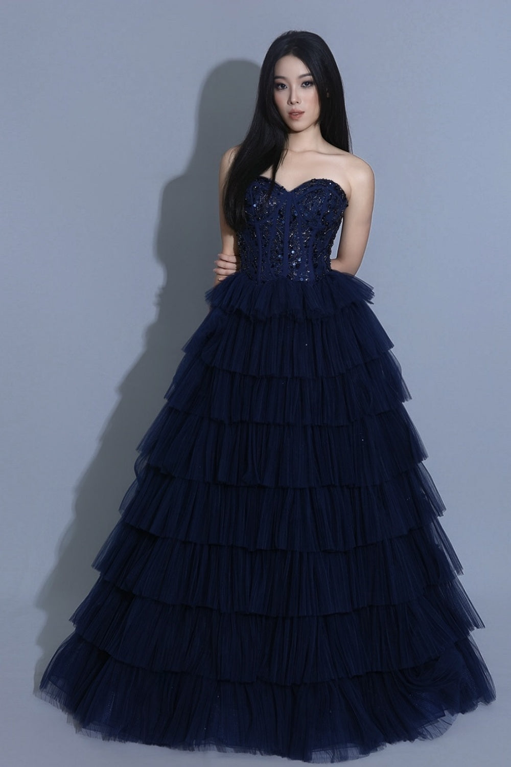 Sweetheart Navy Blue Beaded Ruffle Tiered Long Dress