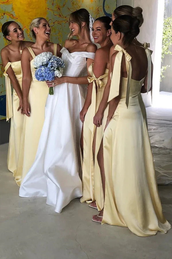 Sheath Off-the-Shoulder Satin Bridesmaid Dress With Slit in Wild Rose main image 1