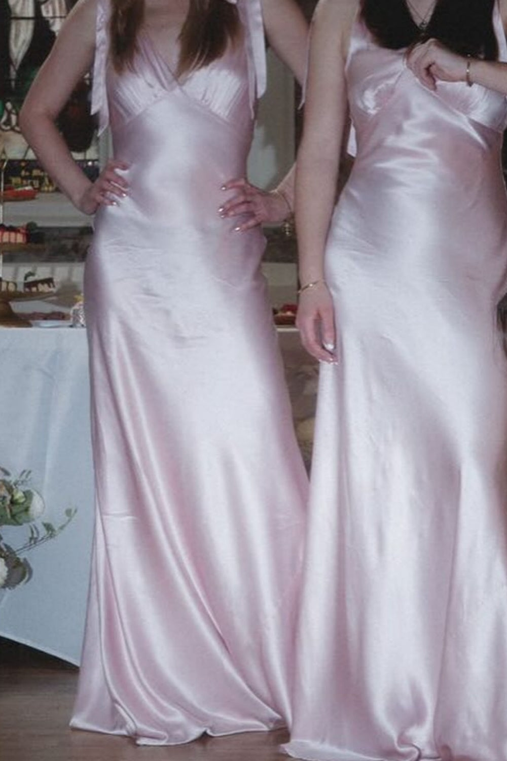 Tie Straps Baby Pink Ruched Bust Long Dress