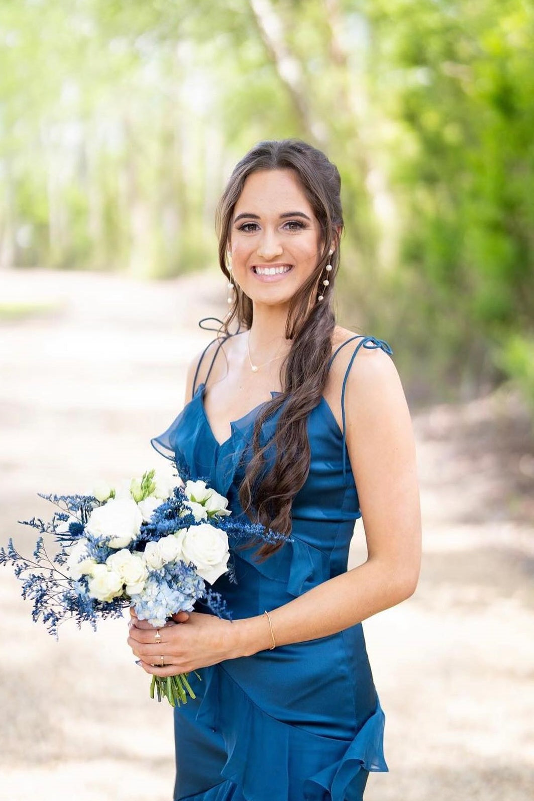 Tie Shoulder Red Ruffle Tiered Long Dress with Slit