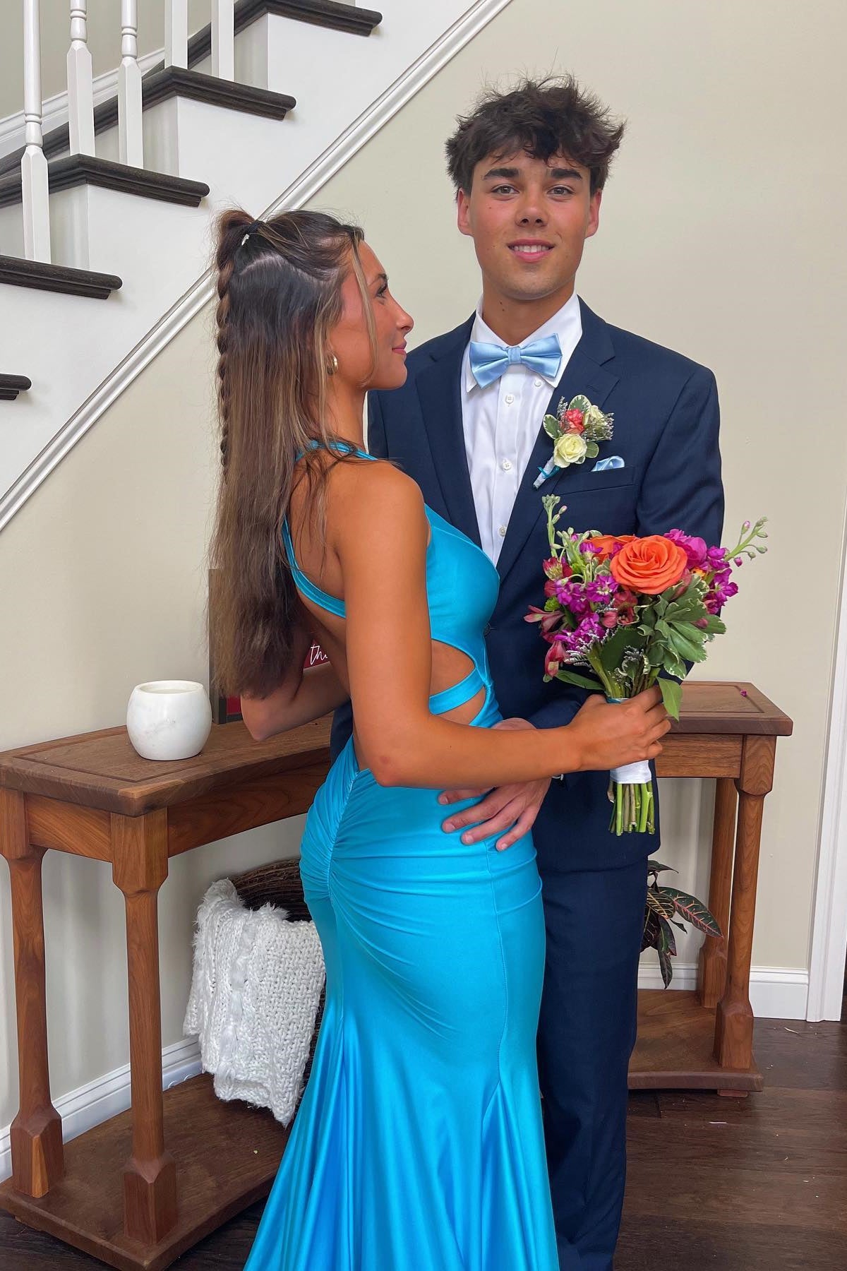 V-neck Blue Open Back Ruched Mermaid Long Dress – PollyBoutique