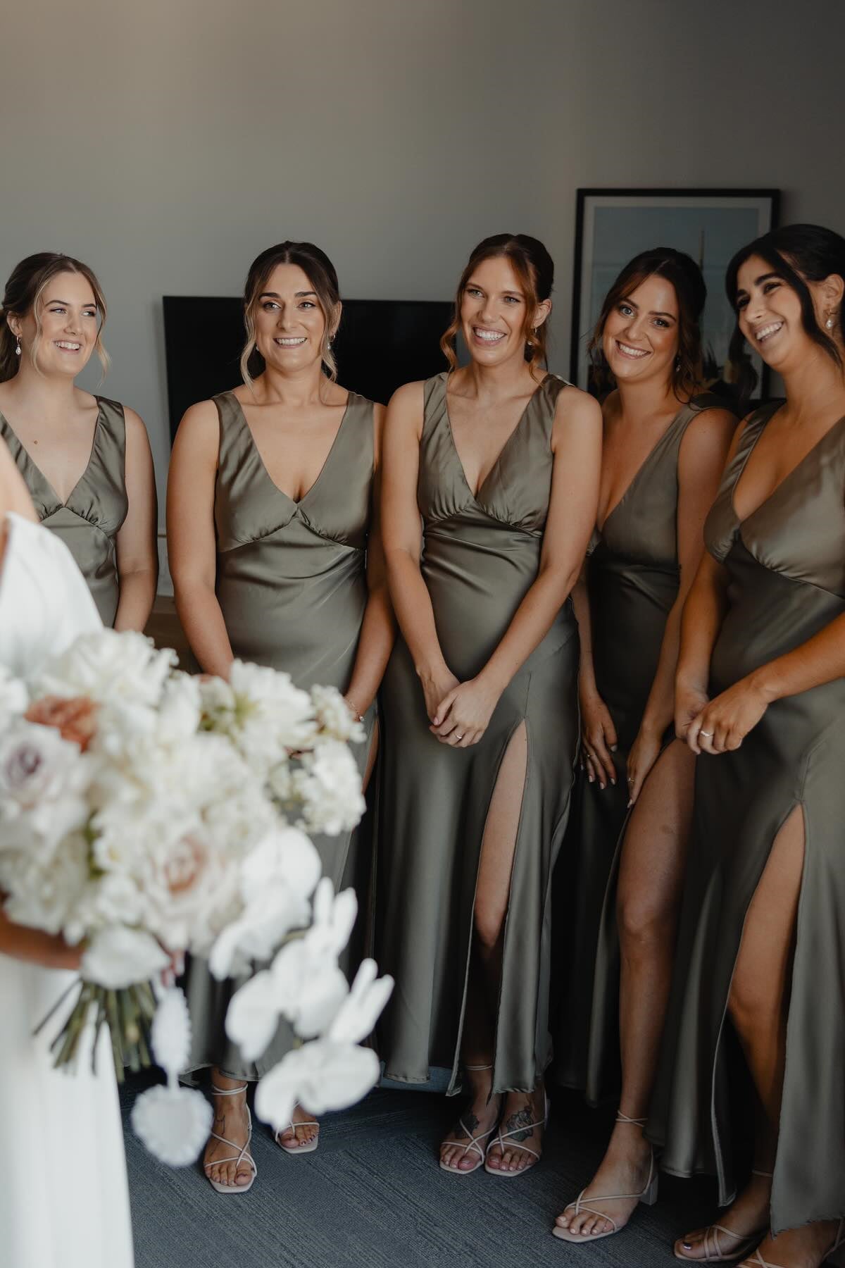V-neck Dark Olive Satin Bridesmaid Dress with Slit PollyBoutique V-neck Dark Olive Satin Bridesmaid Dress with Slit PollyBoutique