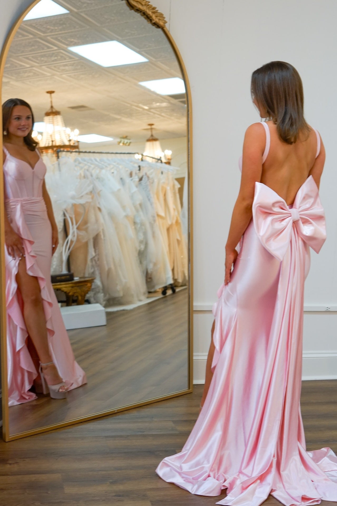 pink frilly bridesmaid dresses V-neck Light Ruffled Hem Long Dress with Bow – PollyBoutique Crafted from lightweight chiffon Tulle Lace Mermaid Bridal elsa frozen 2 outfit COLOR:Azure Blue