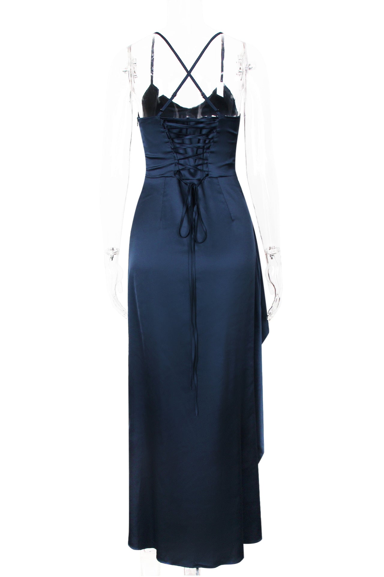 blue dress for baby girl V-neck Navy Blue Ruched Long Dress with Slit – PollyBoutique