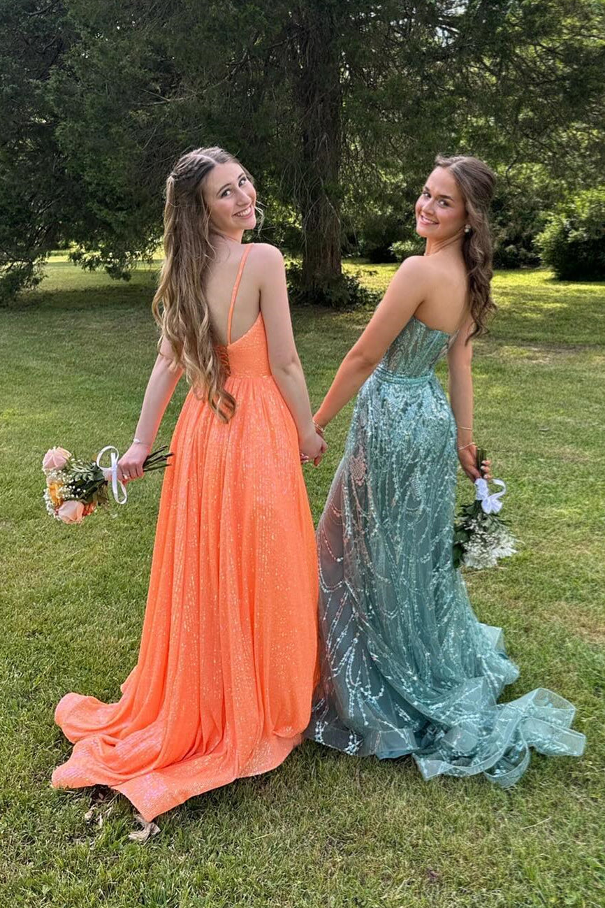 Sexy Long Orange V-neck Sequined Sleeveless Prom Dress With Slit