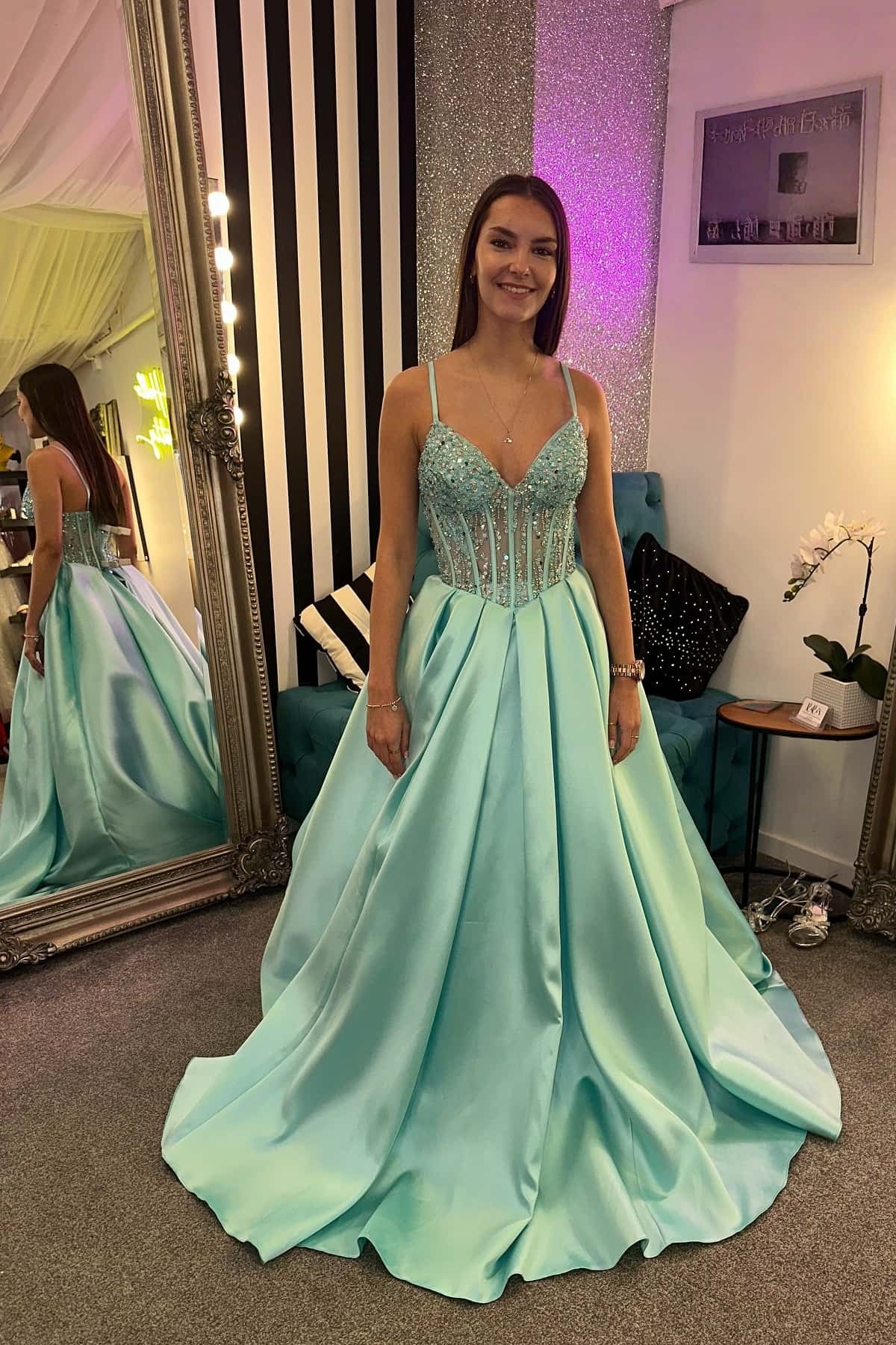 V-neck Sage Green Beaded Pleated A-line Long Dress – PollyBoutique