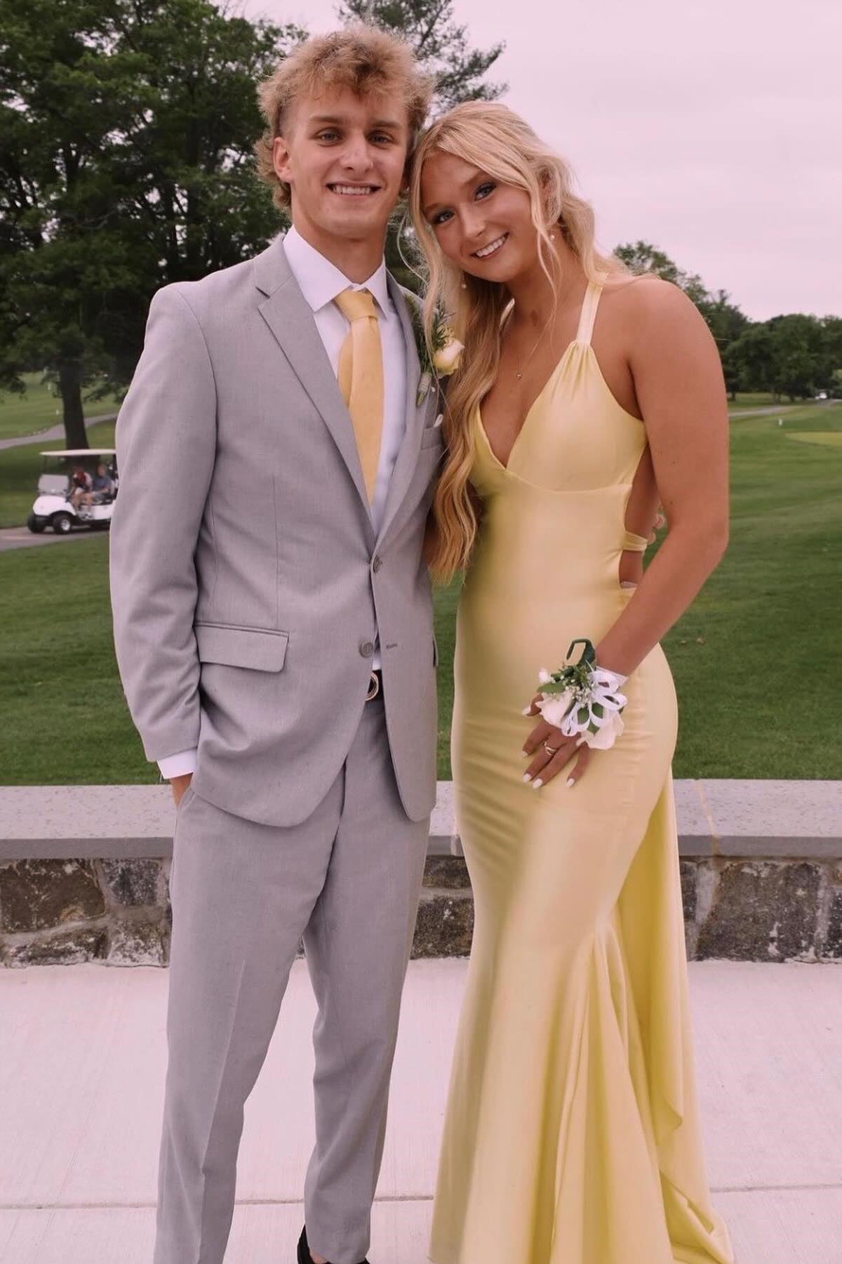 V-neck Yellow Open Back Mermaid Long Dress PollyBoutique V-neck Yellow Open Back Mermaid Long Dress PollyBoutique