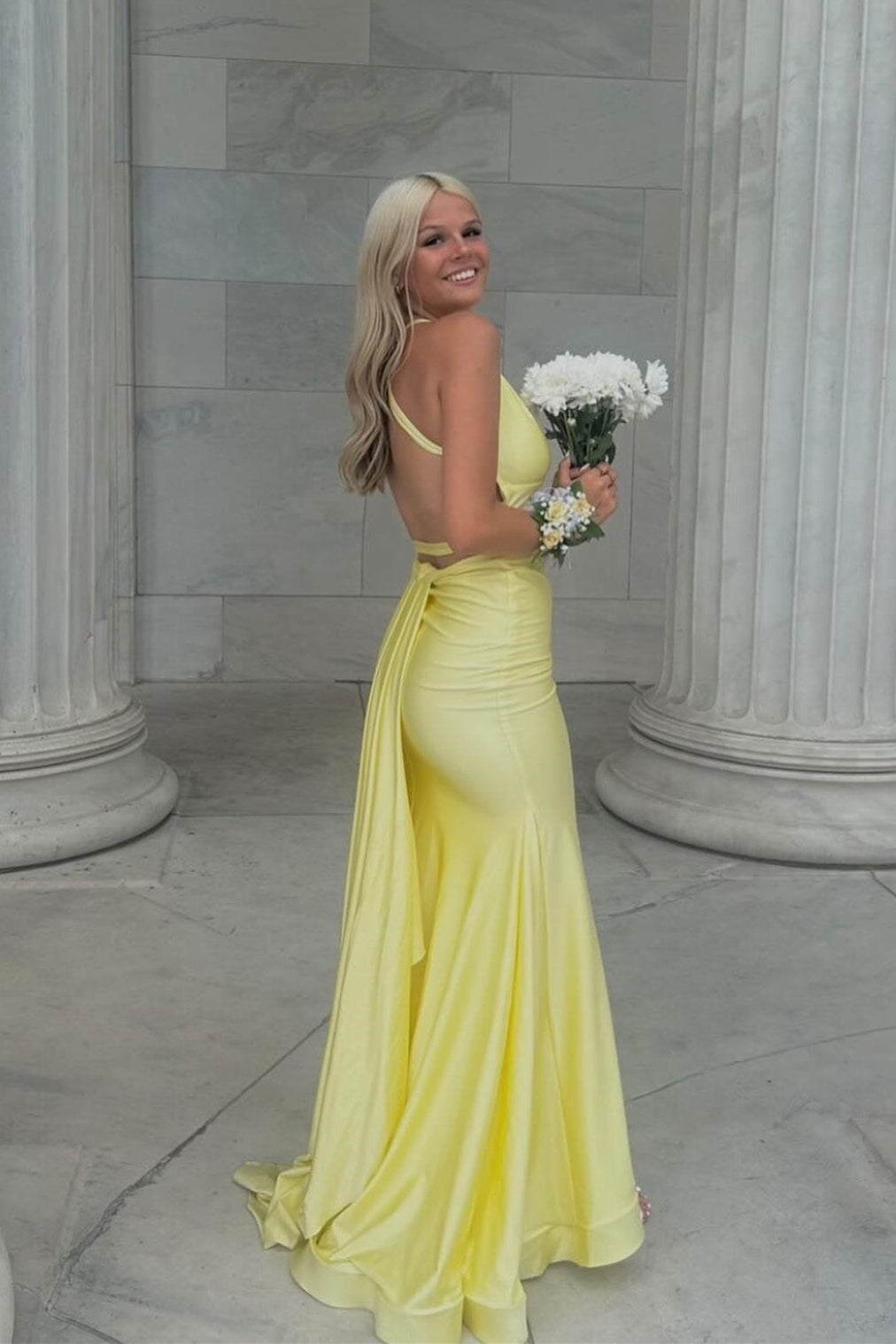 V-neck Yellow Open Back Mermaid Long Dress PollyBoutique V-neck Yellow Open Back Mermaid Long Dress PollyBoutique