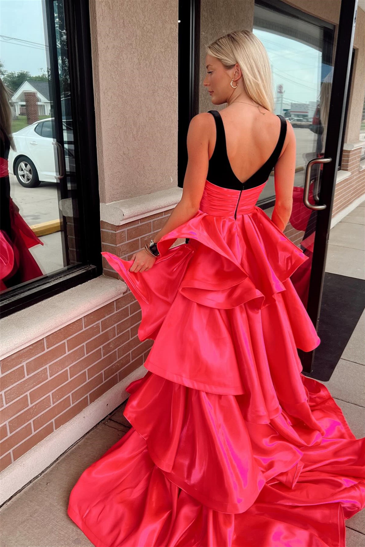 V-neck Black and Hot Pink Ruffle Tiered Long Dress PollyBoutique V-neck Black and Hot Pink Ruffle Tiered Long Dress PollyBoutique