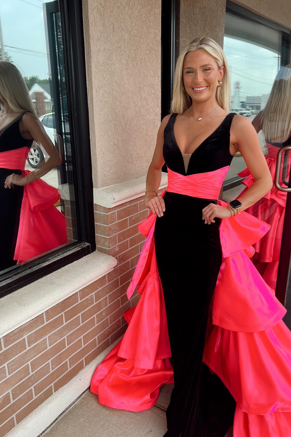 V-neck Black and Hot Pink Ruffle Tiered Long Dress PollyBoutique V-neck Black and Hot Pink Ruffle Tiered Long Dress PollyBoutique