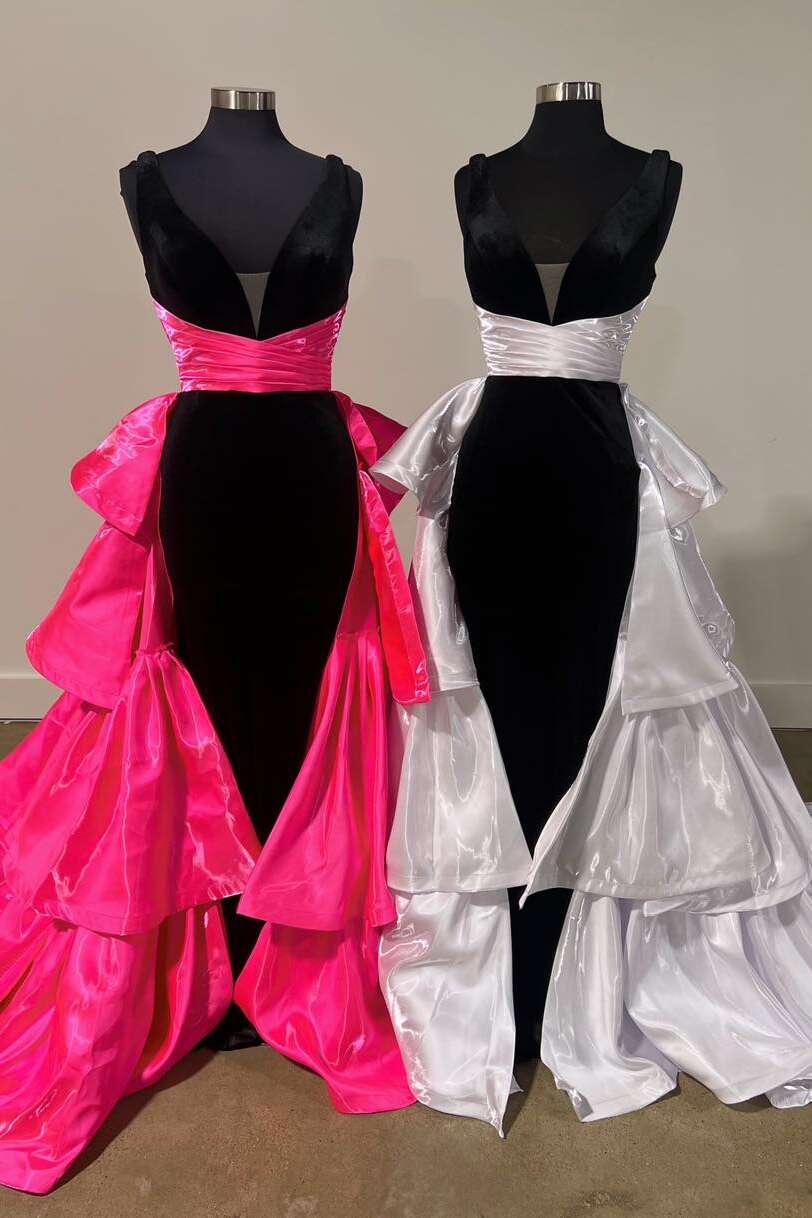 princess polly baby blue dress V-neck Black and Hot Pink Ruffle Tiered Long Dress – PollyBoutique