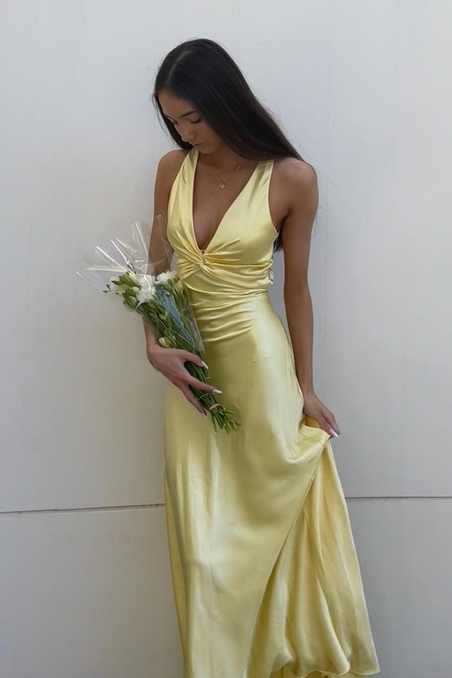 V-neck Yellow Twist Back Bow Long Dress – PollyBoutique