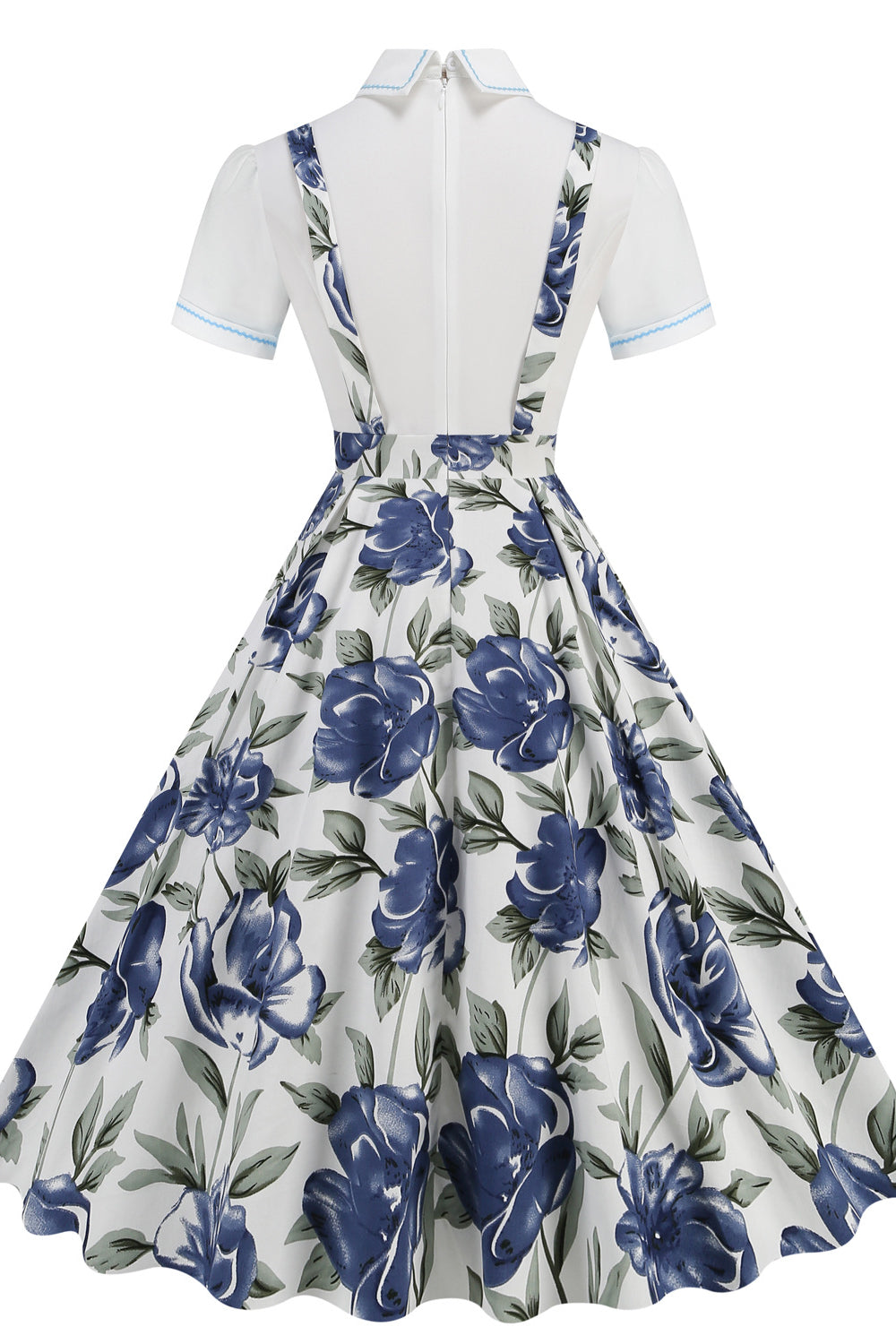 White 1950s Blue Flower Big Swing Suspender Dress PollyBoutique White 1950s Blue Flower Big Swing Suspender Dress PollyBoutique