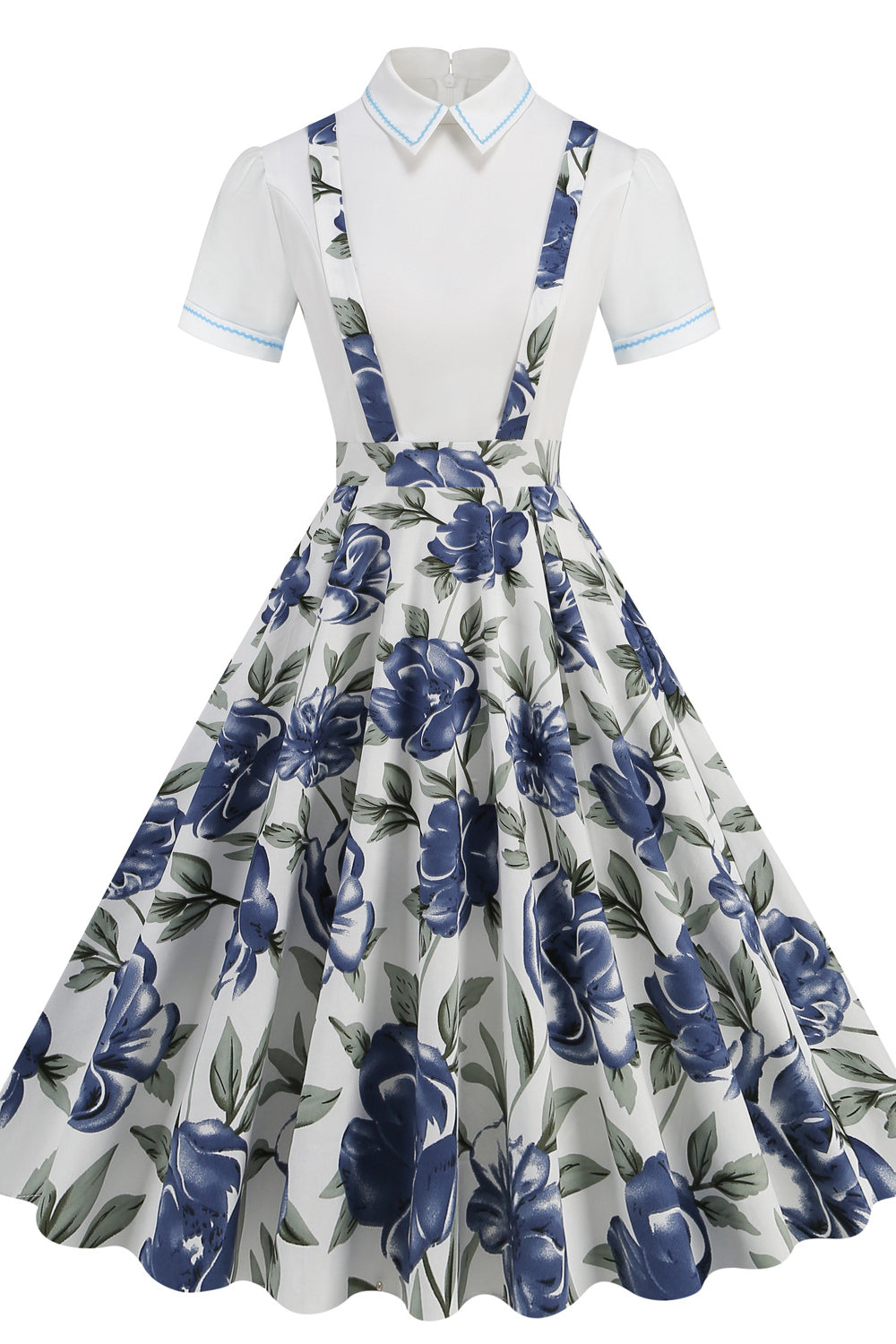 White 1950s Blue Flower Big Swing Suspender Dress – PollyBoutique