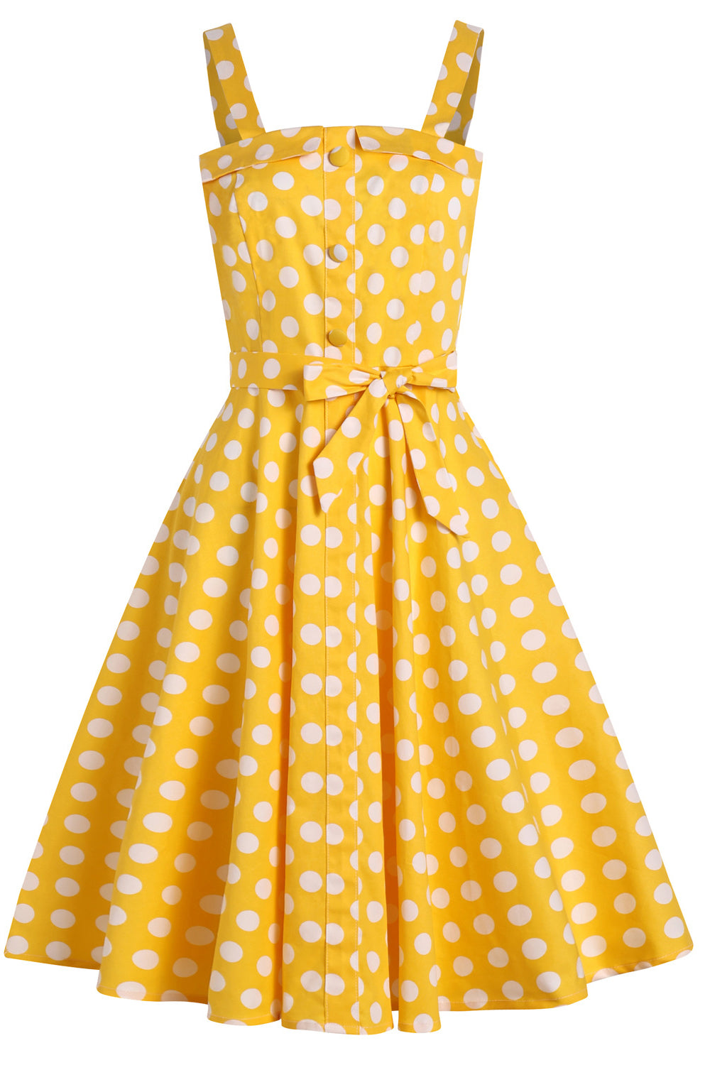 Yellow 1950s Polka Dots Sleeveless Vintage Dress With Belt  PollyBoutique