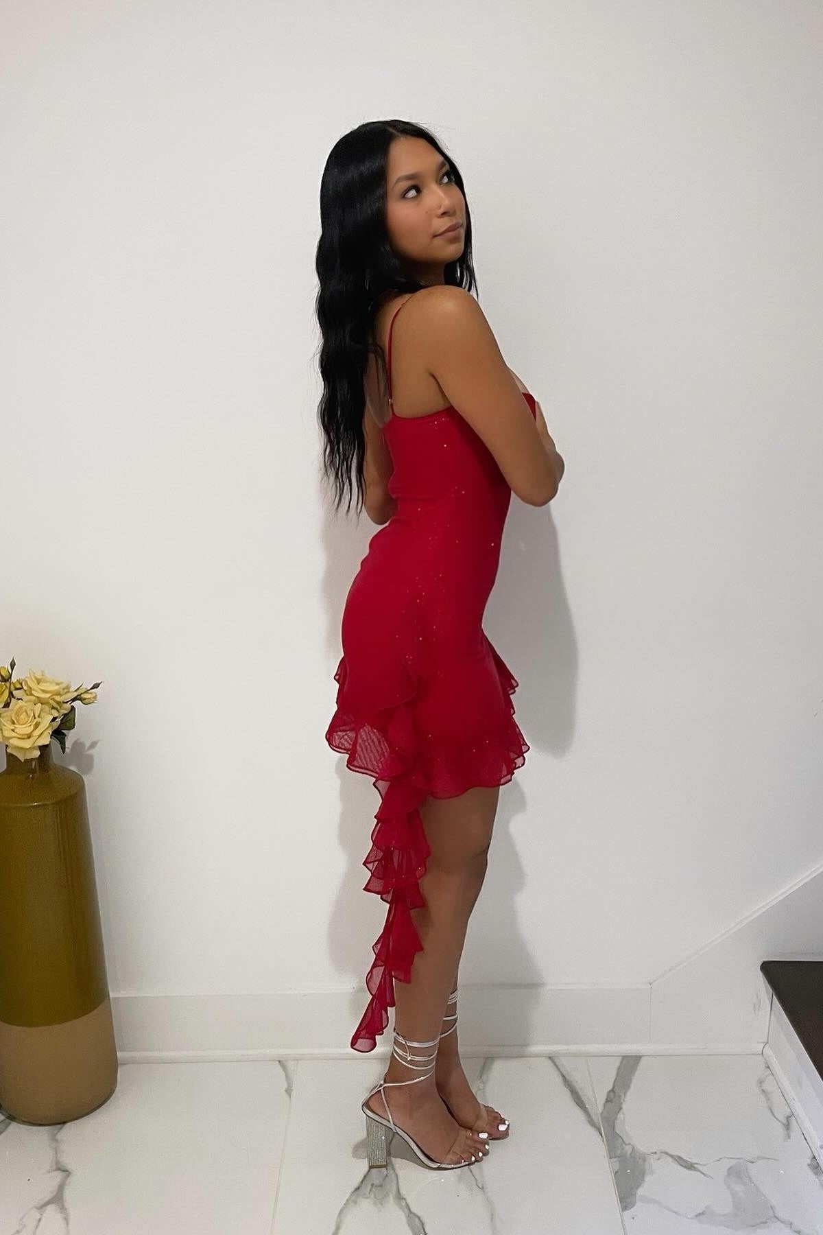 red strap mini dress Straps Red Ruffled Hem Short Dress with Sequin – PollyBoutique