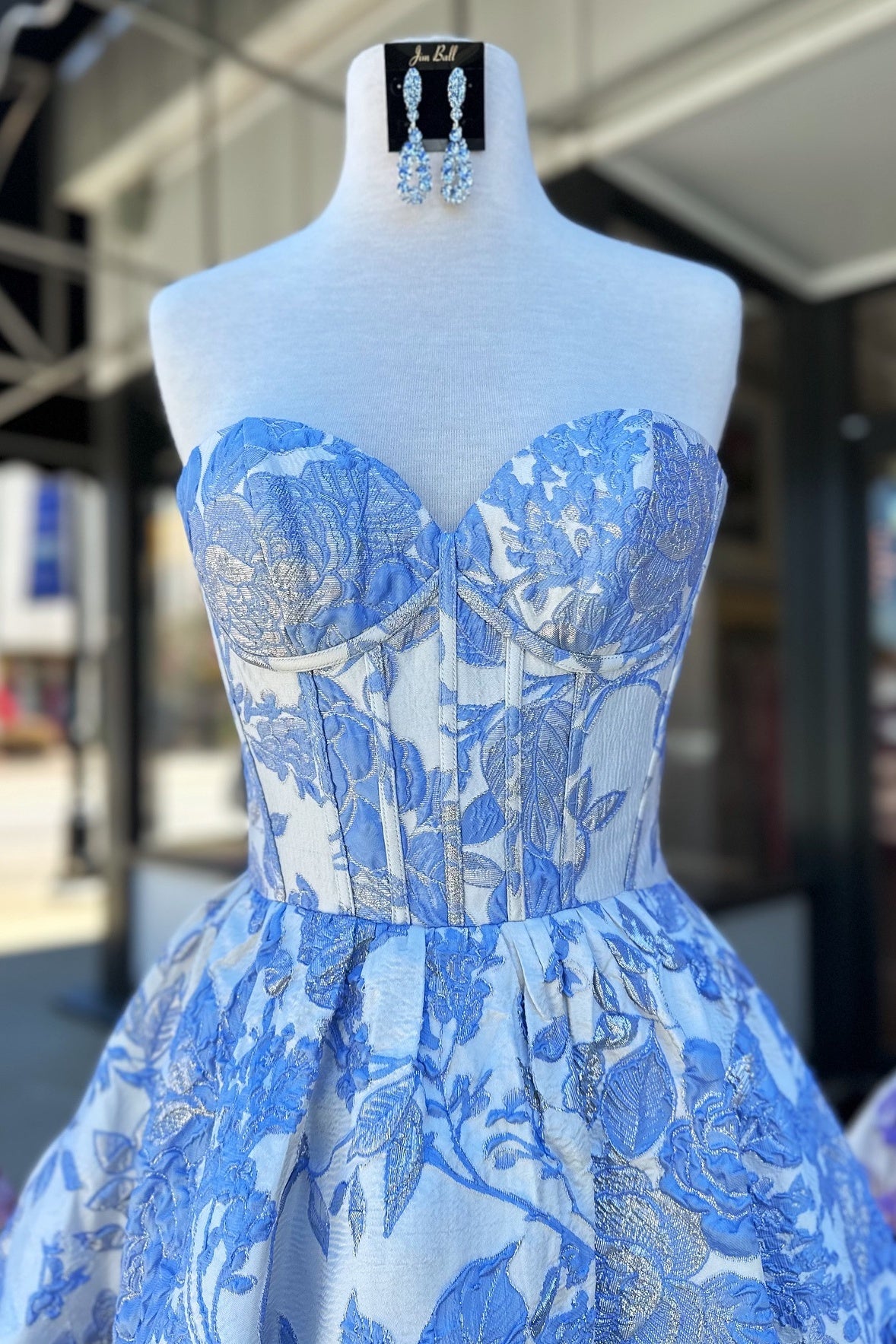Strapless Blue Floral A-line Short Dress PollyBoutique Strapless Blue Floral A-line Short Dress PollyBoutique
