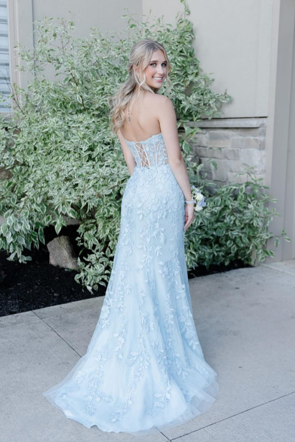 Strapless Yellow Lace Appliques Long Prom Dress PollyBoutique Strapless Yellow Lace Appliques Long Prom Dress PollyBoutique