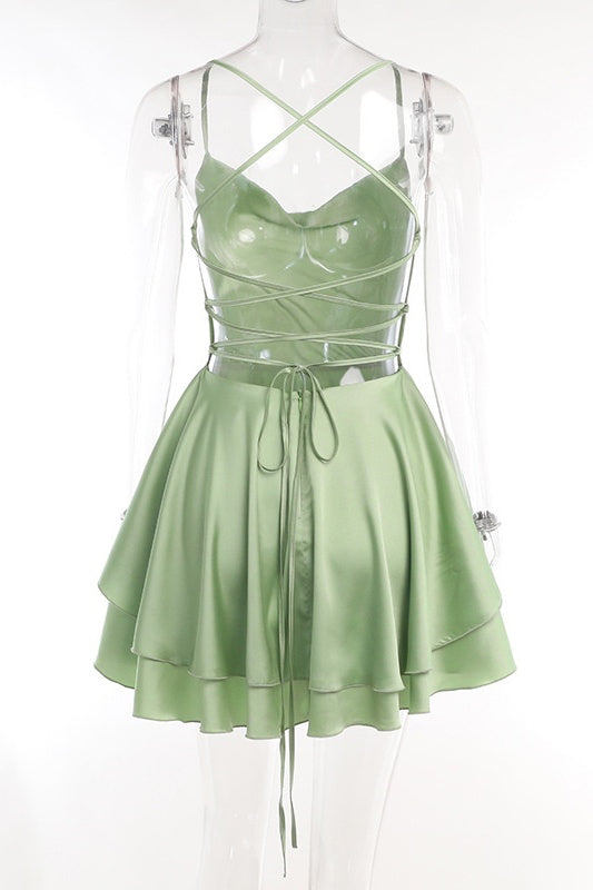 Cowl Neck Green Ruffle Tiered Short Dress – PollyBoutique