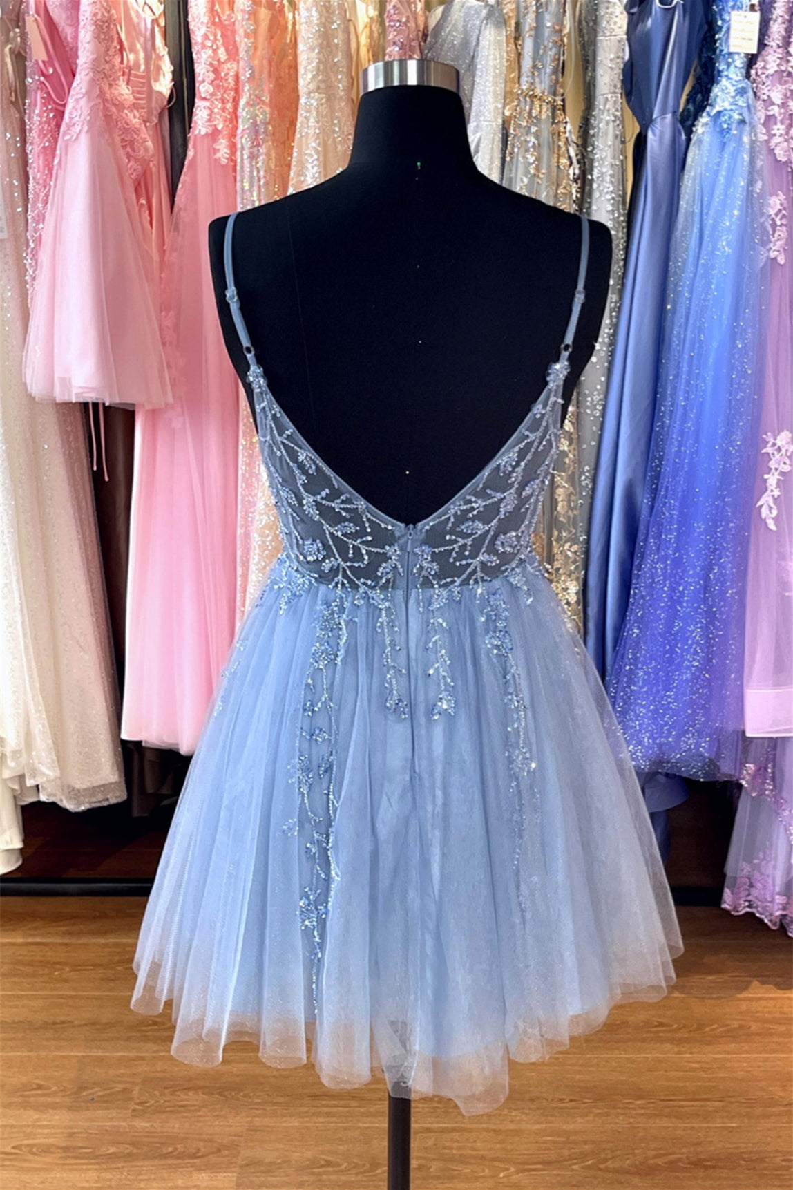 Embellished Sequin Misty Blue Tulle Short Party Dress PollyBoutique Embellished Sequin Misty Blue Tulle Short Party Dress PollyBoutique