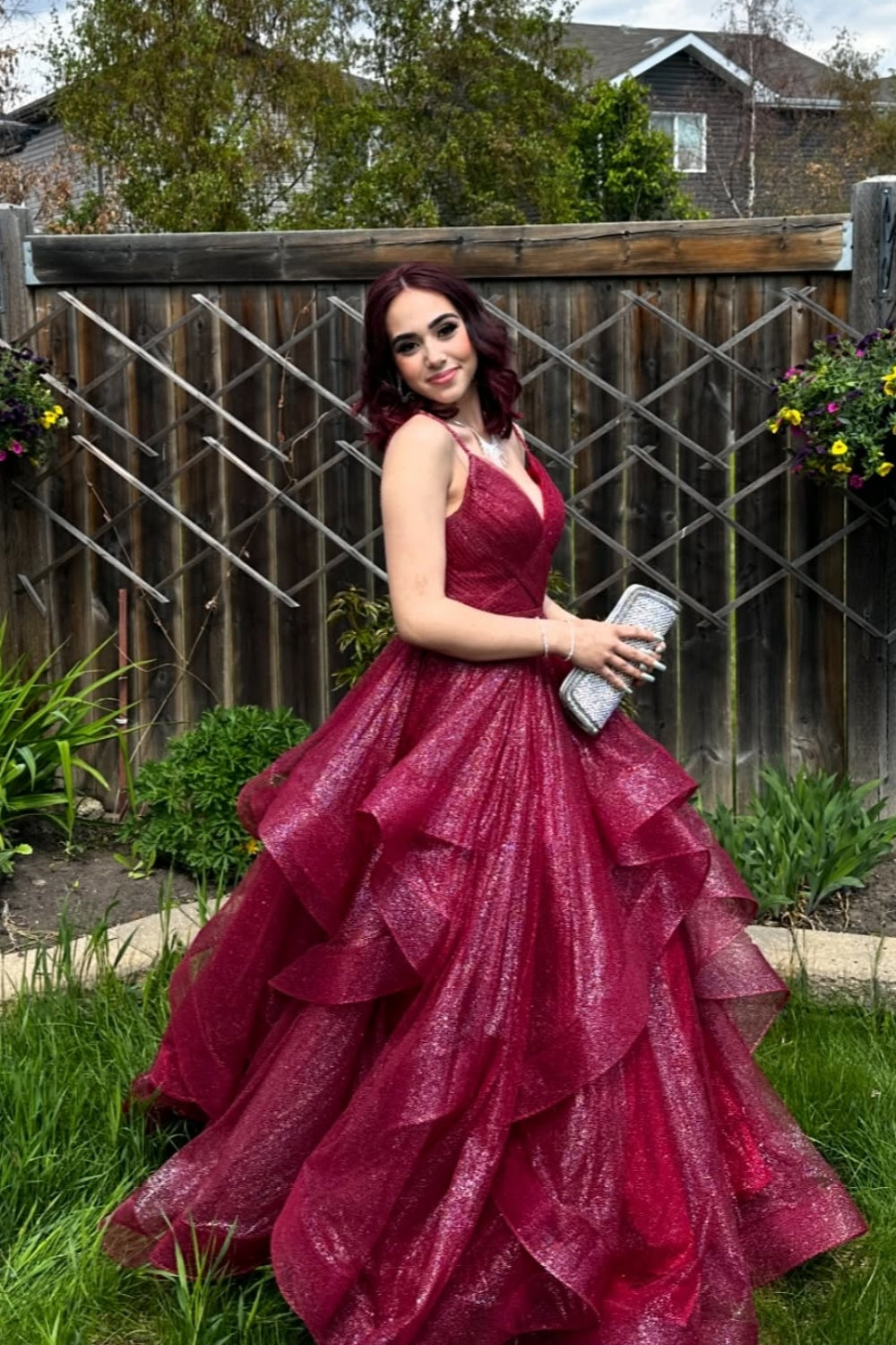 V-neck Burgundy Ruffles Glitter A-line Long Dress – PollyBoutique