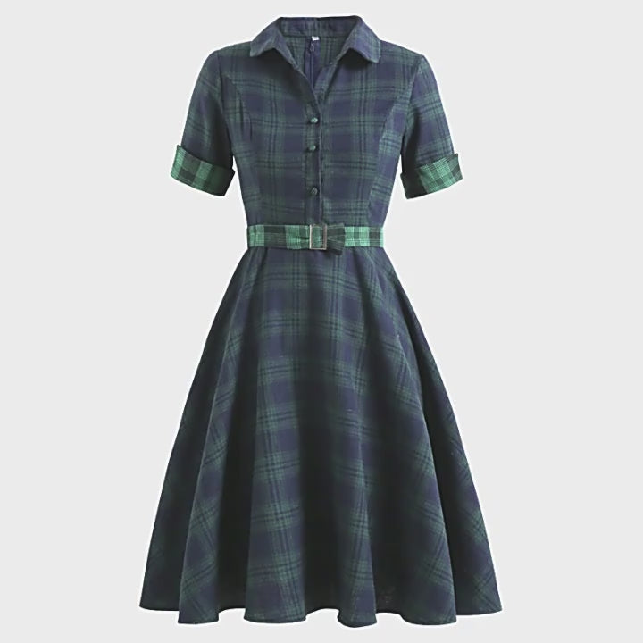 Navy Blue 1950s Plaid Belted Big Swing Dress