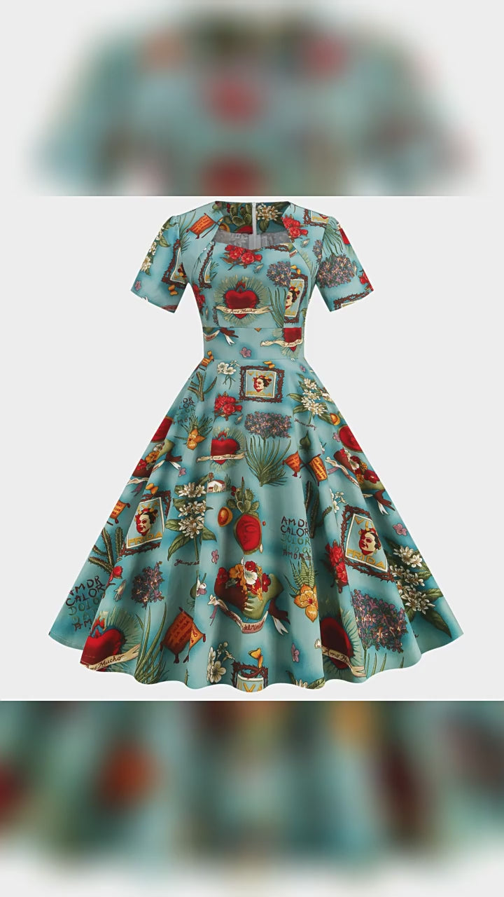 Red 1950s Court Print Big Swing Dress