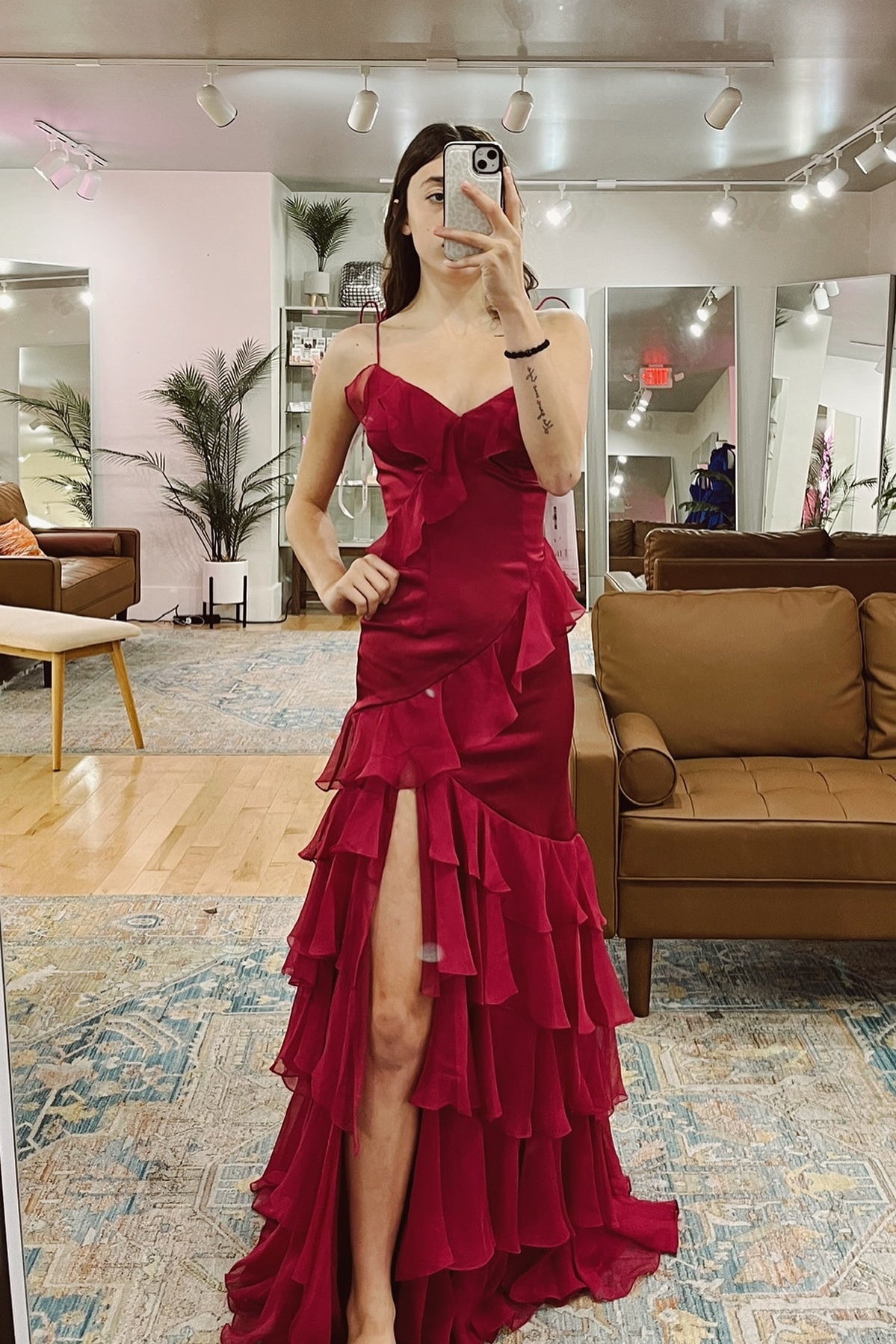 Tie Shoulder Red Ruffle Tiered Long Dress with Slit