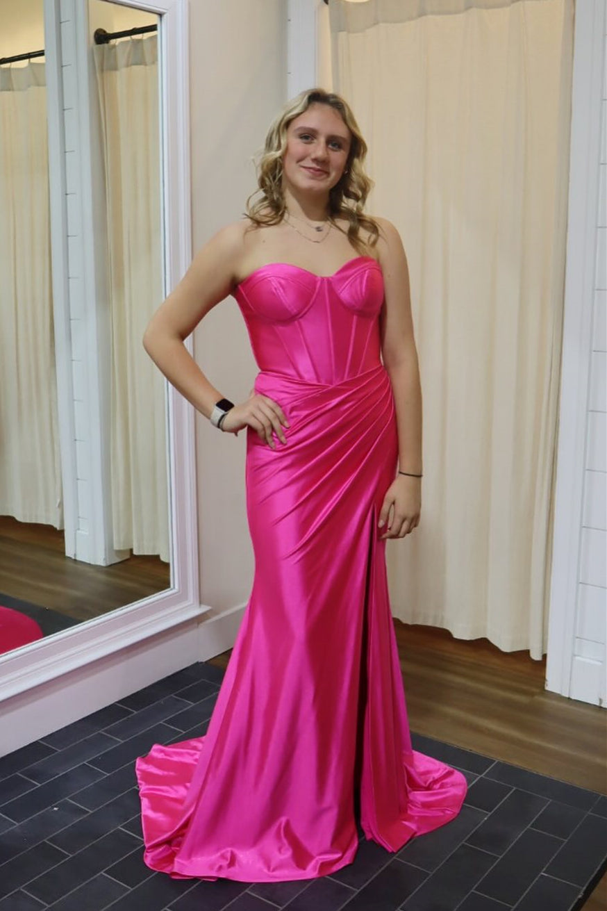 Strapless Light Pink Ruched Long Dress with Slit PollyBoutique Strapless Light Pink Ruched Long Dress with Slit PollyBoutique