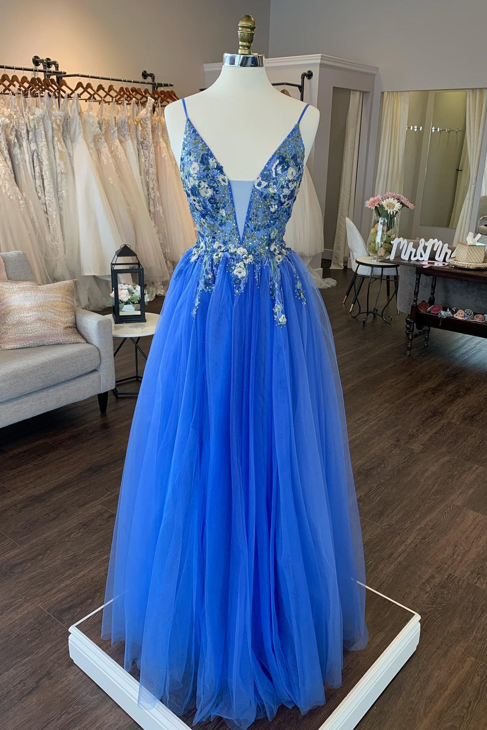 Plunge Blue Floral Embroidery Tulle Long Prom Dress