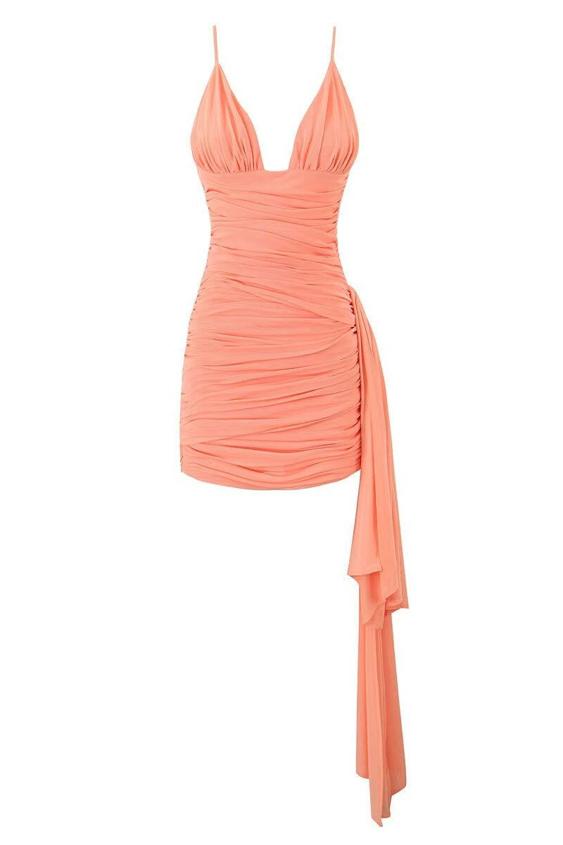 V-neck Orange Ruched Short Dress with Shawl