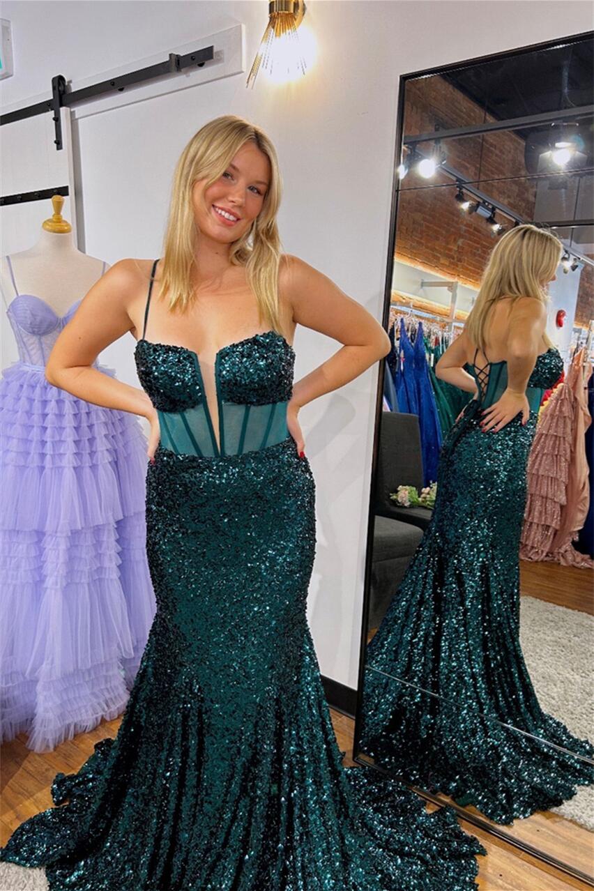 Turquoise Sequin Mermaid Long Prom Dress