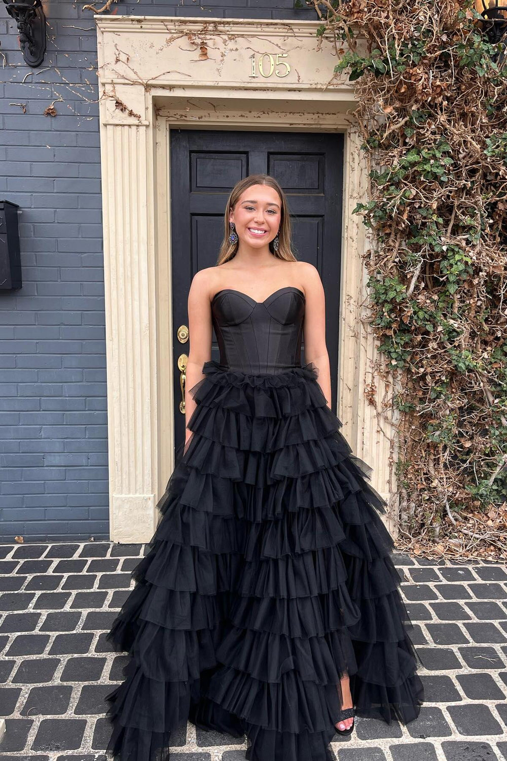 Sweetheart Black Ruffles A-line Long Dress