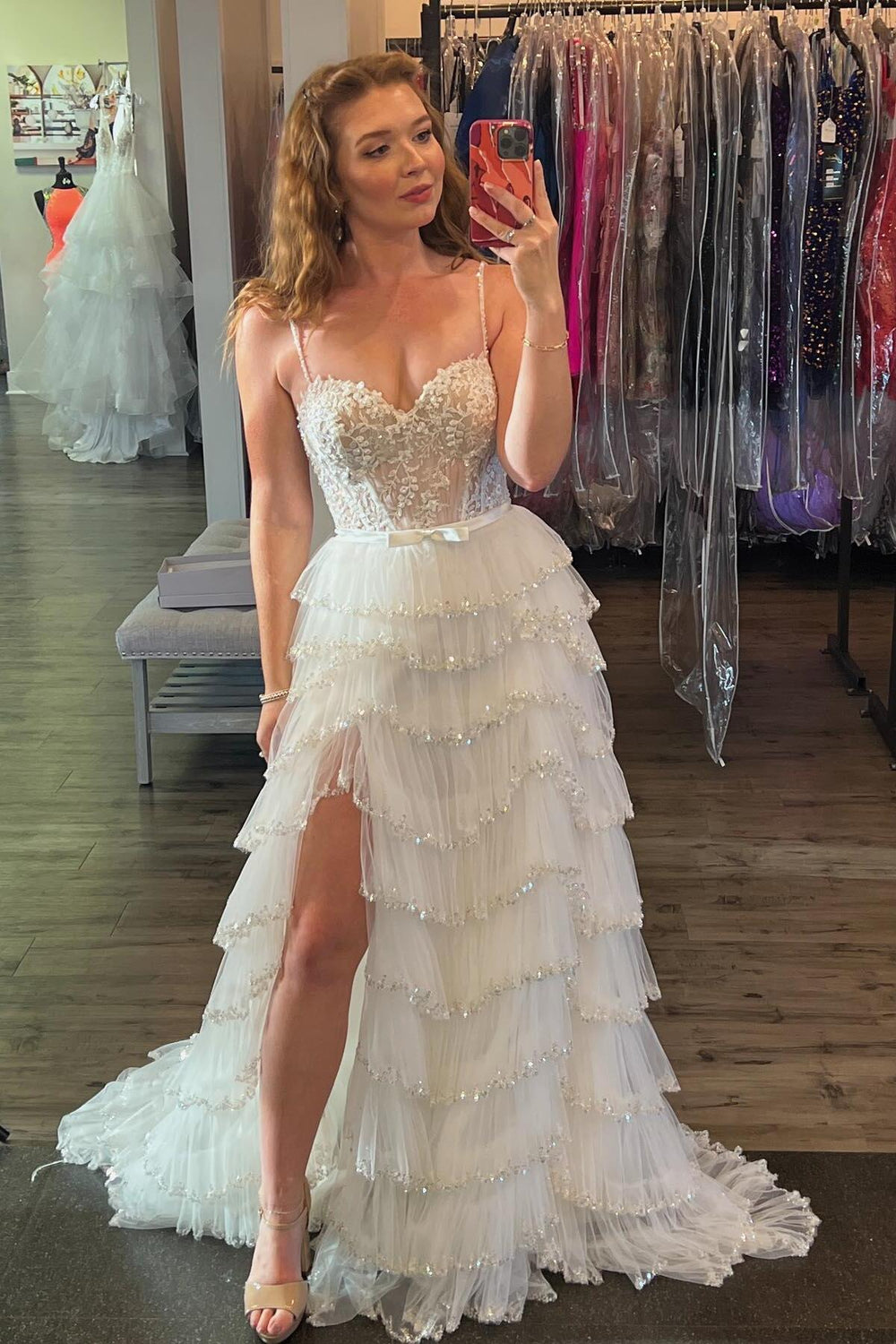 Straps White Lace and Ruffles Long Prom Dress