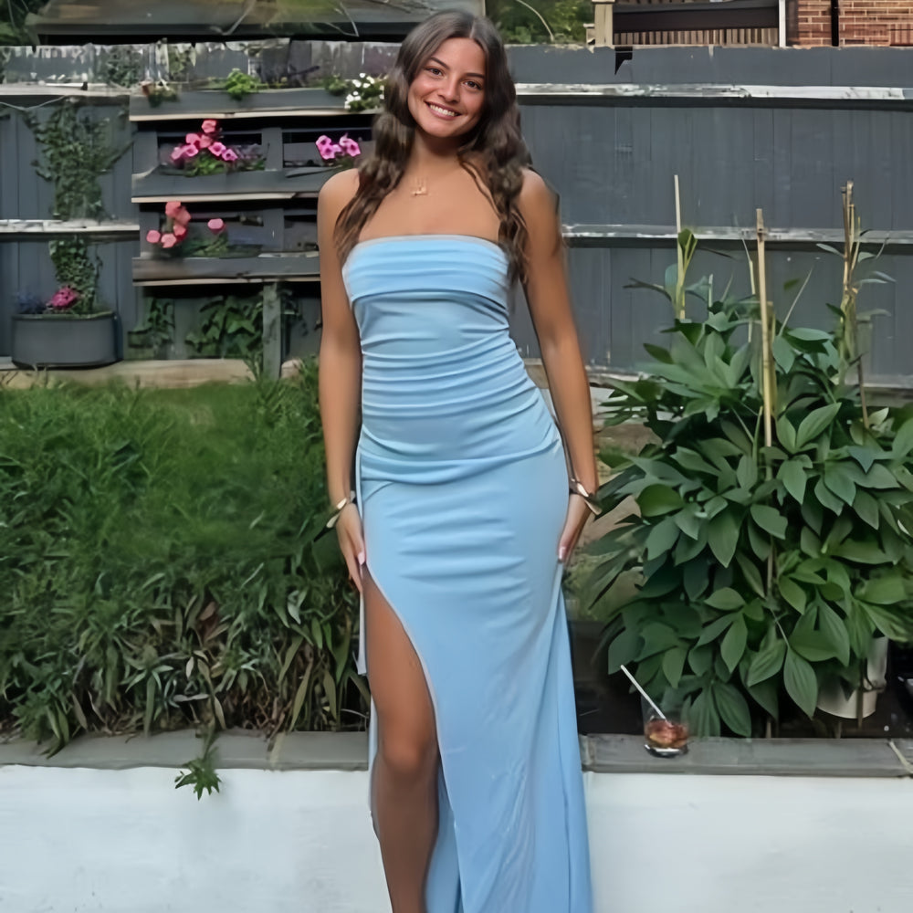 
                      
                        Strapless Yellow Ruched Long Dress with Slit
                      
                    