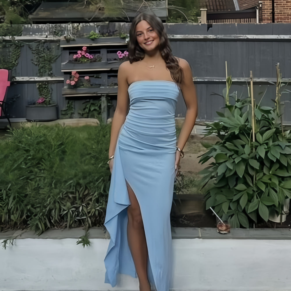 
                      
                        Strapless Yellow Ruched Long Dress with Slit
                      
                    