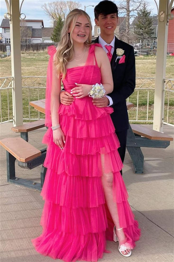 
                      
                        Tie Shoulder Blue Ruffle Tiered Long Dress with Slit
                      
                    
