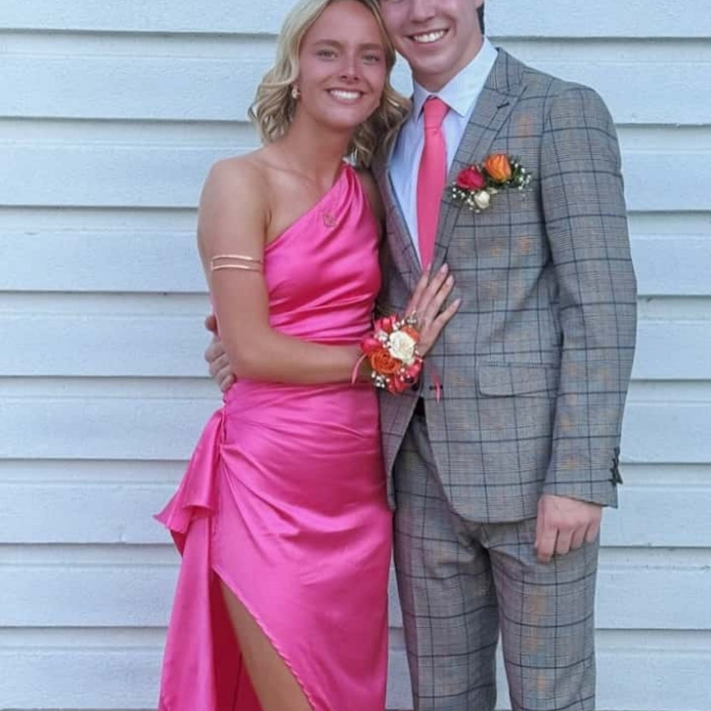 
                      
                        One Shoulder Blush Pink Ruched Long Dress with Slit
                      
                    